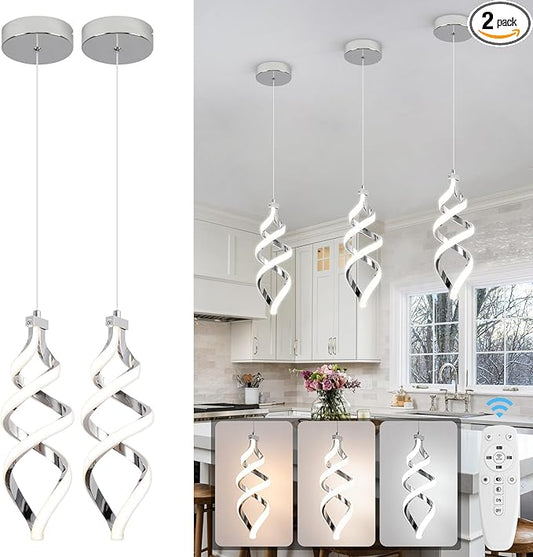 Modern Led Pendant Light Fixture, 15W Chrome Spiral Led Chandelier Hanging Lamp, 3000K-6000K, Dimmable Pendant Lamp, Adjustable Height Pendant Light for Kitchen Island Dining Room Bedroom Cafe