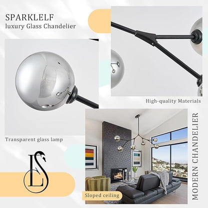 6 Lights Sputnik Chandelier for Dining Room L45’’ Black Modern Pendant Light Fixture with Black Clear Glass Shade Large Mid Century Chandeliers for Kitchen Island Living Room Foyer