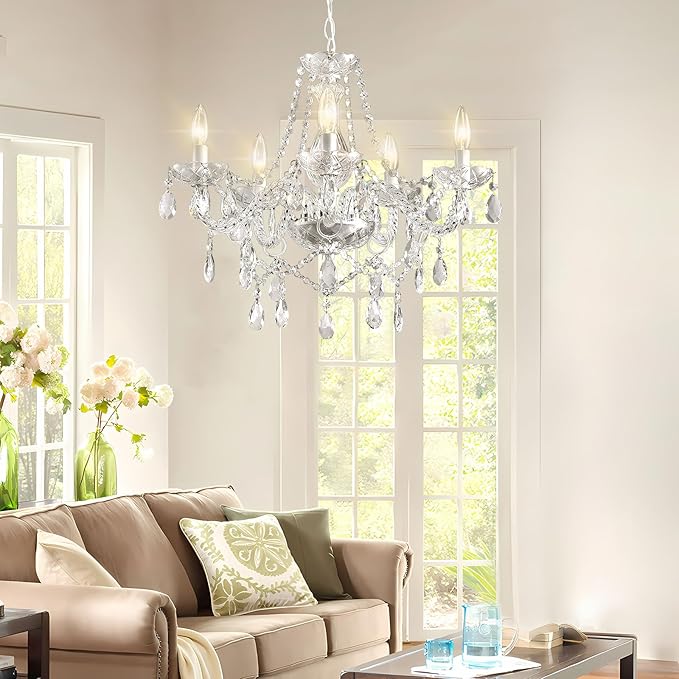 Plug in Chandelier Dimmable,5 Lights K9 Crystal Glass Pendant Light Fixture, Modern White Candle Hanging Chandelier for Bedroom Living Dining Room Kitchen Island