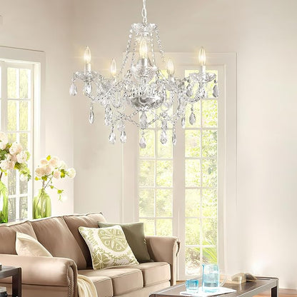 Plug in Chandelier Dimmable,5 Lights K9 Crystal Glass Pendant Light Fixture, Modern White Candle Hanging Chandelier for Bedroom Living Dining Room Kitchen Island