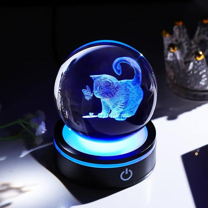 YWHL 3D Cat Crystal Ball Figurine with Colorful LED Base, Laser Engraved Cat Gifts for Women Men Cats Lovers, Glass Cats and Butterfly Statue Decorative Ball for Home Decor (80mm)