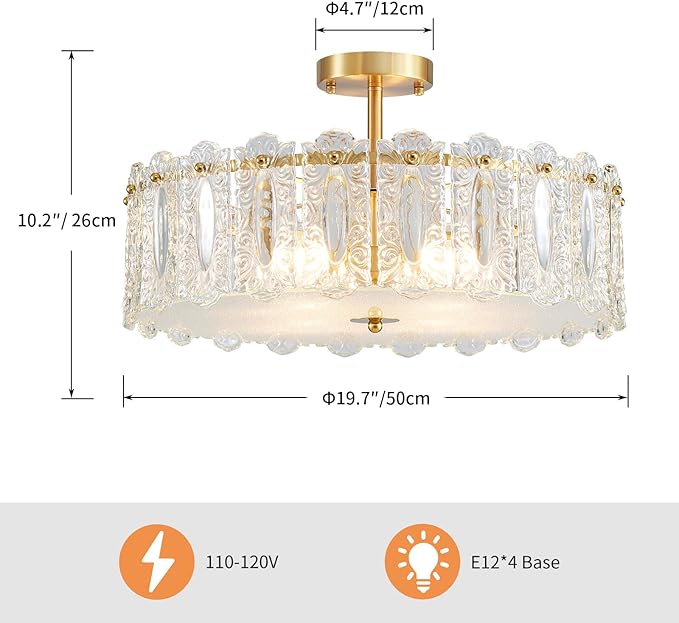 AGV LIGHTING Flush Mount Chandelier Light Fixture, Modern Gold Chandelier, D20 x H10, E12 Base 4-Lights, Glass Shade & Brass Finish