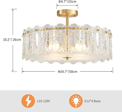 AGV LIGHTING Flush Mount Chandelier Light Fixture, Modern Gold Chandelier, D20 x H10, E12 Base 4-Lights, Glass Shade & Brass Finish