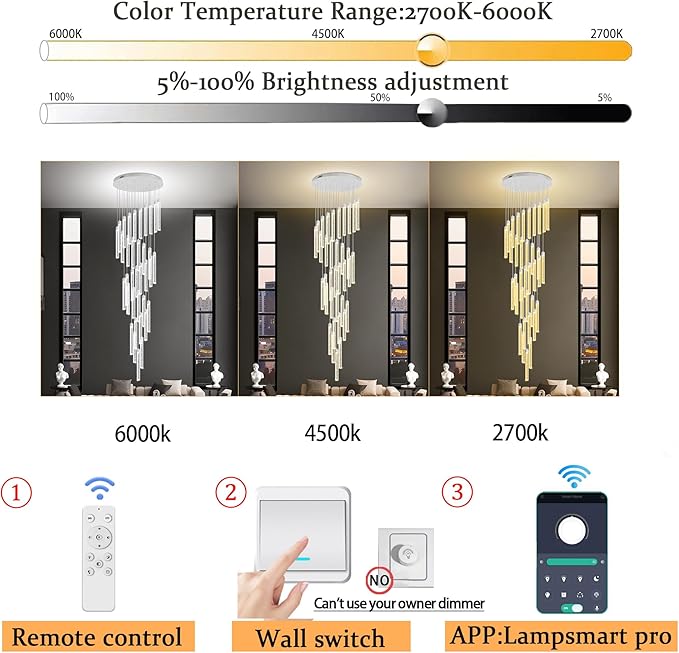 200'' Long Crystal Column Chandelier Silver 36-Lights Extra Large Staircase Chandeliers Dimmable LED Ceiling Lighting Foyer Entryway Light Source is Replaceable