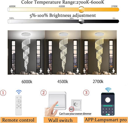 200'' Long Crystal Column Chandelier Silver 36-Lights Extra Large Staircase Chandeliers Dimmable LED Ceiling Lighting Foyer Entryway Light Source is Replaceable