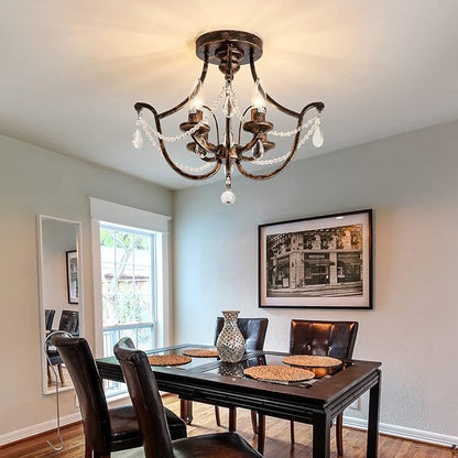 UOFUS Vintage Semi Flush Mount Crystal Chandelier Oil Rubbed Bronze 4-Light Small Metal Ceiling Light Fixture Farmhouse Ceiling Lamp for Foyer Kitchen Entryway Hallway Bathroom Bedroom Dining Room