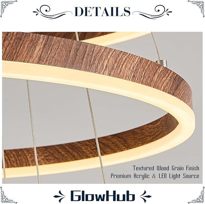 5 Ring LED Chandelier Wood Grain Finish Modern Round Chandelier Dimmable Foyer Pendant Light Fixture with Remote High Ceiling Hanging Chandelier for Dining Room Living Room Staircase, D24" 3000-6500K