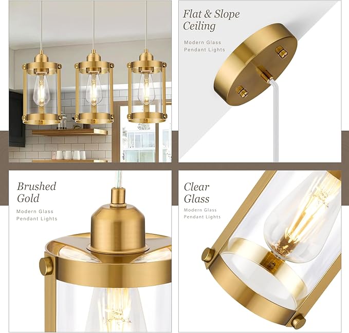 Brushed Gold Pendant Lights Kitchen Island, 1-Light Modern Brass Mini Hanging Light Fixtures with Clear Glass, Farmhouse Kitchen Pendant Lighting Over Island for Sink, OS-3014-1PBG