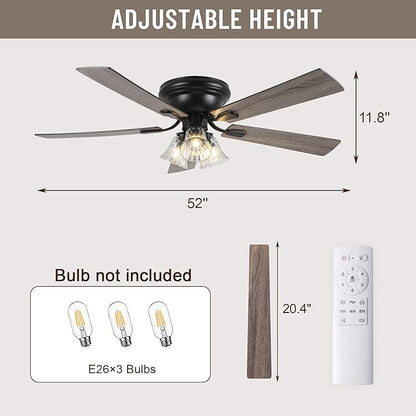 52'' Flush Mount Ceiling Fans with Lights and Remote Control,Reversible DC Motor,5 Reversible Blade,6 Speeds,Rustic Farmhouse Ceiling Fan for Living Room,Dining Room,Bedroom