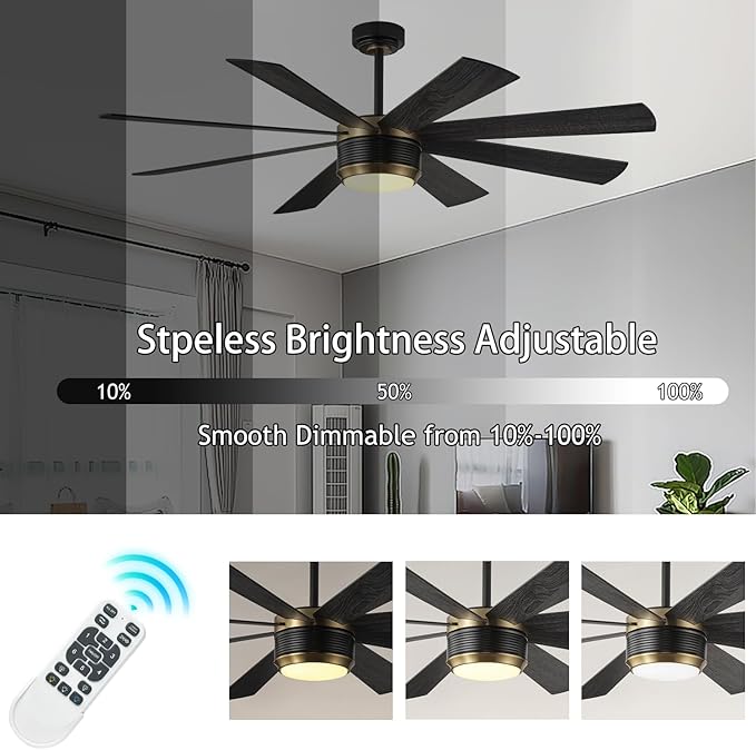 SHOWDI Ceiling Fan with Lights and Remote Control, 8 Blade App Commercial Industrial Reversible Stepless Brightness and Color Temperature Ceiling Fan with Light (Black-gold, 60 Inch)