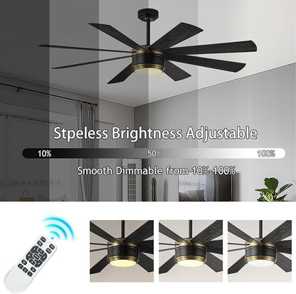 SHOWDI Ceiling Fan with Lights and Remote Control, 8 Blade App Commercial Industrial Reversible Stepless Brightness and Color Temperature Ceiling Fan with Light (Black-gold, 60 Inch)