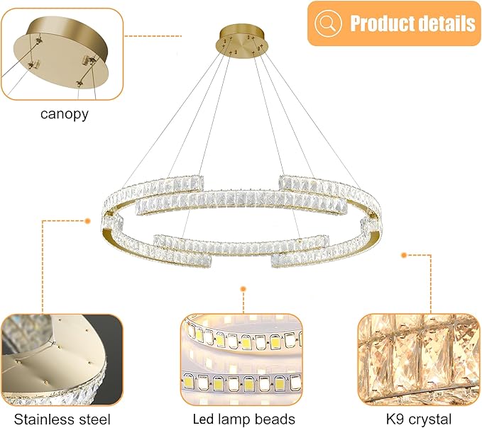 D47.5'' Gold Modern Crystal Ring Chandeliers for Living Room Dinning Room Crystal Pendant Light Dimmable 3000k-6000k
