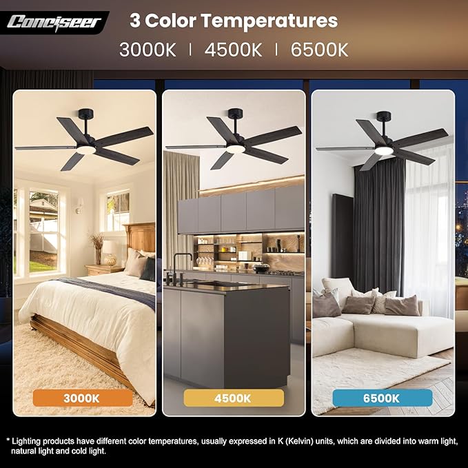 Modern 52 Inch Ceiling Fans with Lights and Remote for Bedroom Living Room Kitchen Home Office Indoor/Outdoor, 18W 3CCT Dual Color 5 Blades 6 Speed Reversible Quiet DC Motor, Black/Wood Grain
