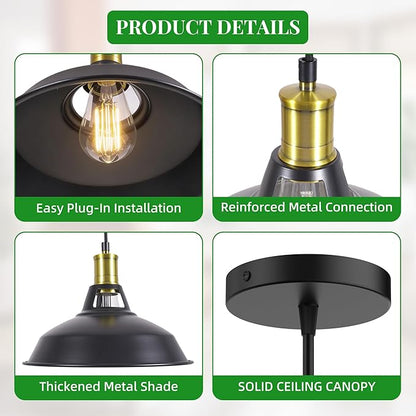 3 Light Pendant Lighting, Farmhouse Hanging Light Fixture for Kitchen Island & Dining Room, Industrial Vintage Ceiling Lamp with E26 Base, Adjustable Height, Black and Gold with Metal Shade
