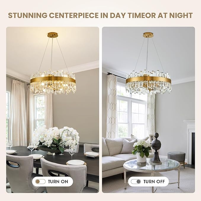 Modern Crystal Chandelier for Dining Room, 12-Light Luxury Gold Flush Mount Crystal Ceiling Light 2-Tiers K9 Crystal Raindrop Chandelier for Living Room Kitchen Entryway Foyer D23.6''