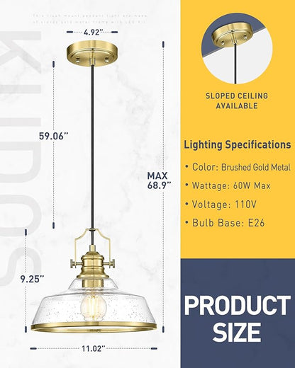 kudos Gold Pendant Lights Kitchen Island, Farmhouse Gold Seeded Glass Pendant Light, Kitchen Island Lights Ceiling Hanging,KDPL13-GD-S