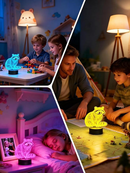 Lampeez Raccoon 3D Night Light for Kids, LED 16 Colors Remote Control Changing Touch Dimmable Table Desk Lamp, Cute Animal Gifts for Raccoon Lovers Animal Fans