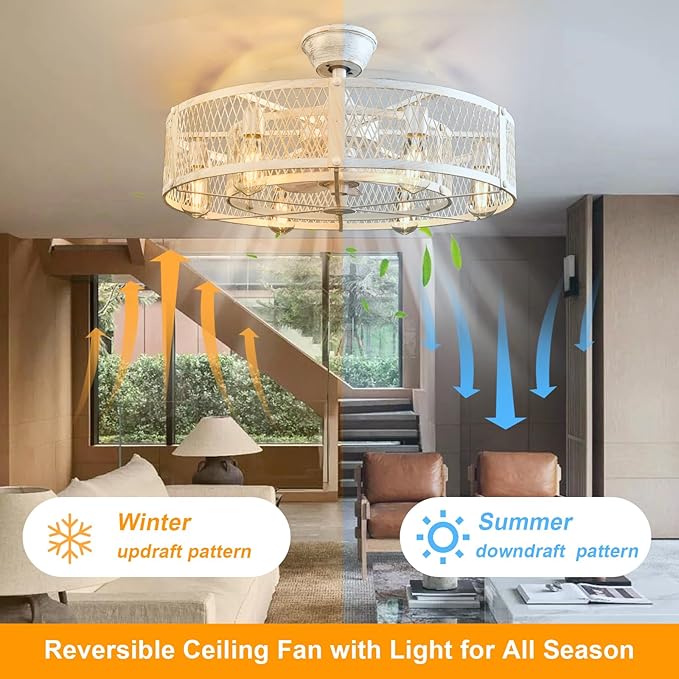 Depuley Outdoor Ceiling Fan with Light: 26" Caged Ceiling Fans with Remote Control for Patio Kitchen Bedroom - Farmhouse Fandelier Flush Mount Lights Fixture Reversible 6 Speed Timer Cement