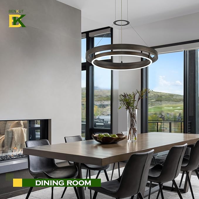 Benkut Modern LED Chandelier Vintage Black Brown Dimmable Circular LED Pendant Light with Remote Ring Chandelier Dining Room Light Fixtures for Kitchen Island Living Room Entryway, D23.6
