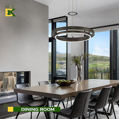 Benkut Modern LED Chandelier Vintage Black Brown Dimmable Circular LED Pendant Light with Remote Ring Chandelier Dining Room Light Fixtures for Kitchen Island Living Room Entryway, D23.6