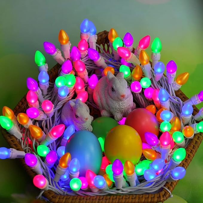 Easter String Lights LED Multi Color Glass C3 Lights 50 Count Easter Pastel Light 120V UL Certified Connectable Outdoor String Light White Wire for Party Patio Home