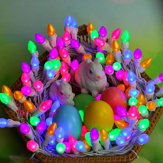 Easter String Lights LED Multi Color Glass C3 Lights 50 Count Easter Pastel Light 120V UL Certified Connectable Outdoor String Light White Wire for Party Patio Home