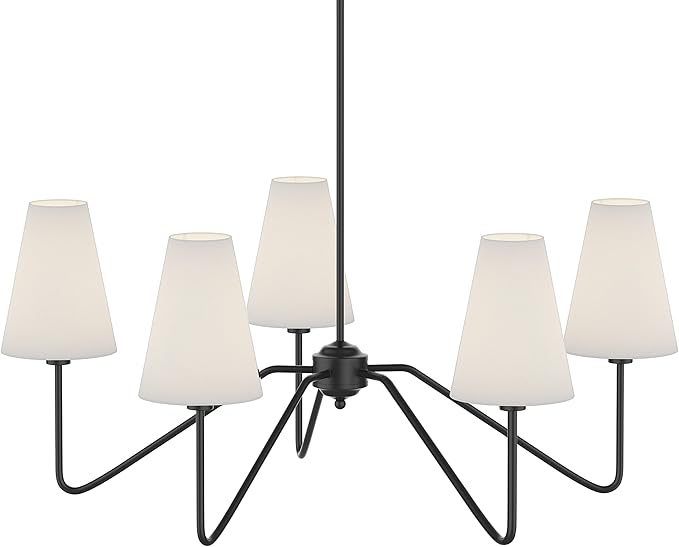 Electro bp;30" Dia 5-Arm Classic Chandeliers Matt Black with White Linen Shades,Light Fixture for Dining Room,Living Room,Bedroom,E12,200W;
