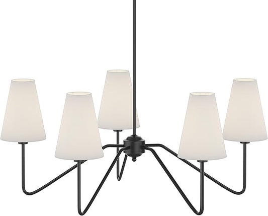Electro bp;30" Dia 5-Arm Classic Chandeliers Matt Black with White Linen Shades,Light Fixture for Dining Room,Living Room,Bedroom,E12,200W;