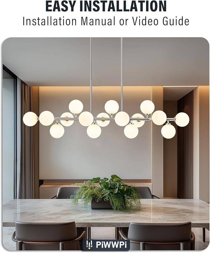 55" Long Chandeliers for Dining Room Kitchen Island, Large Globe Sputnik Linear Chandelier, 16 Lights Mid Century Modern Light Fixture Over Table, Chrome and Milk White Bubble, GC-08
