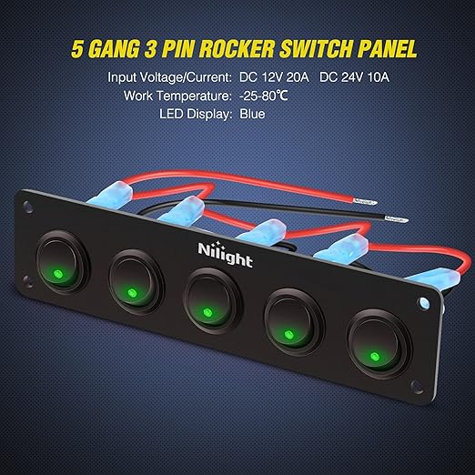 Nilight 5 Gang 3 Pin Rocker Switch Panel 20A Waterproof On Off 12V Green Toggle for Cars Trucks Boats