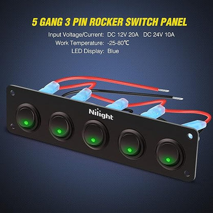 Nilight 5 Gang 3 Pin Rocker Switch Panel 20A Waterproof On Off 12V Green Toggle for Cars Trucks Boats