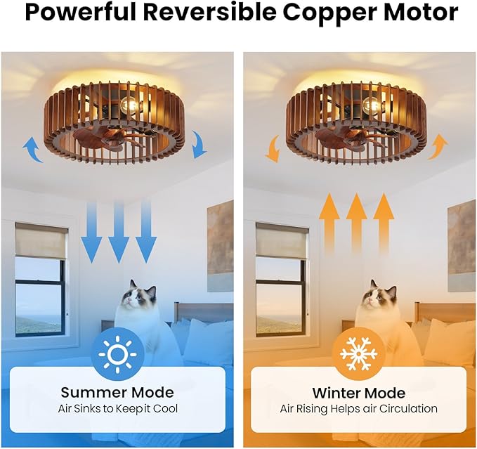 20'' Flush Mount Caged Ceiling Fan with Light, Wooden Low Profile Ceiling Fan with Light and Remote, 6 Speed and Reversible, Farmhouse Bladeless Fan Lights for Bedroom, Kitchen