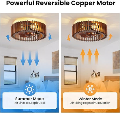 20'' Flush Mount Caged Ceiling Fan with Light, Wooden Low Profile Ceiling Fan with Light and Remote, 6 Speed and Reversible, Farmhouse Bladeless Fan Lights for Bedroom, Kitchen