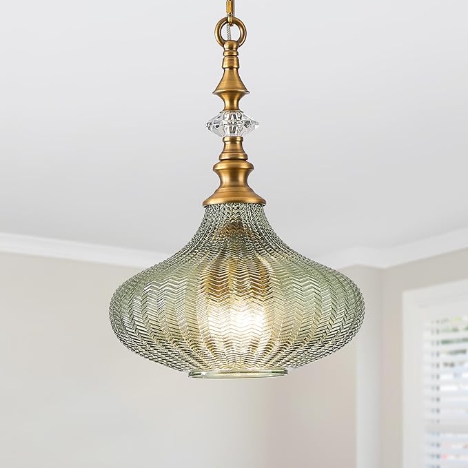 3-Light Chandelier,Vintage Gold Farmhouse Pendant Light Fixture for Kitchen,Adjustable Hanging Lighting with Green Glass Shade for Hallway Bedroom Entryway Dining Room Island