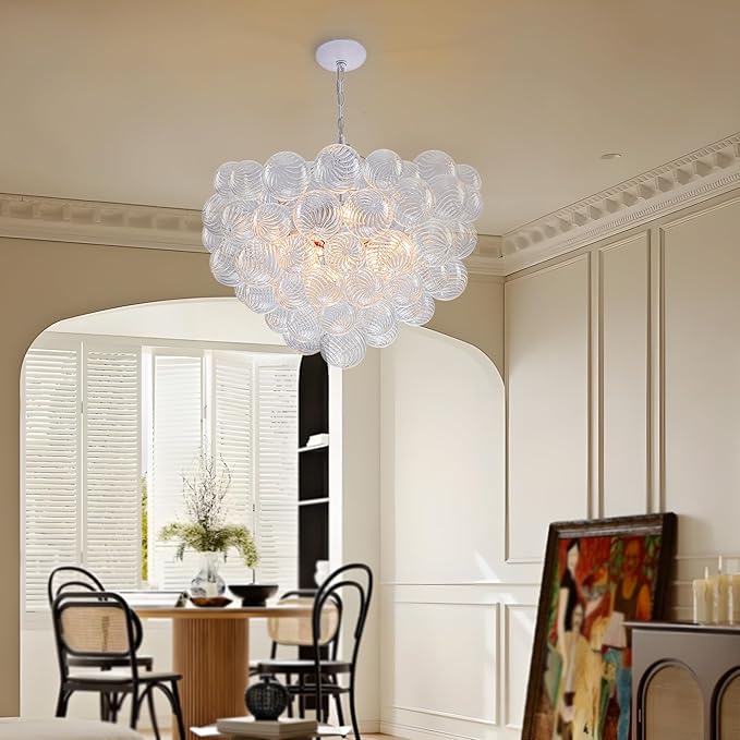 Hand Blown Glass Bubble Ball Chandelier White Finish 24" Pendant Light Fixture Art Deco Cluster Swirled Ribbed Glass Globe Lighting for Bedroom Dining Room Bedroom Bathroom Entry