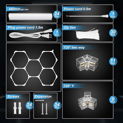 FERUERW Hexagon Garage Lights 5 Grid, 3 Color Temperature(2700/4300/6500K) Dimmable, 5 Hex Grid for Garage, Shop, Basement, Car Detailing Shop etc. with Mounting Clip