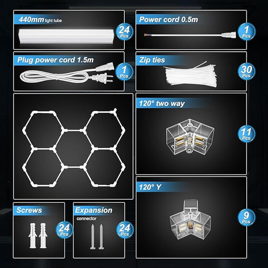 FERUERW Hexagon Garage Lights 5 Grid, 3 Color Temperature(2700/4300/6500K) Dimmable, 5 Hex Grid for Garage, Shop, Basement, Car Detailing Shop etc. with Mounting Clip