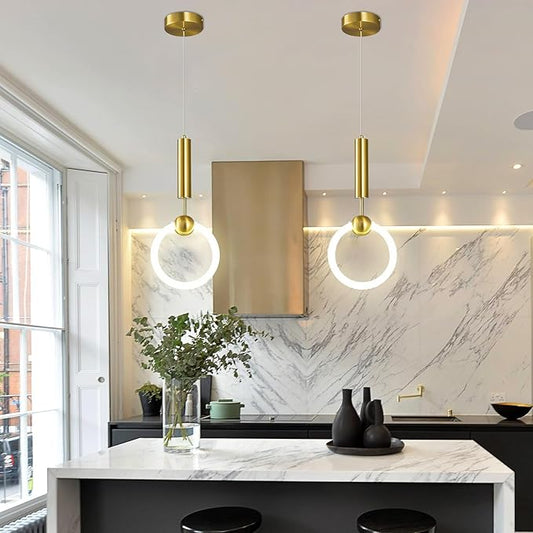Modern LED Pendant Light Fixtures, Simplicity Gold Pendant Lighting,Circular Hanging Chandelier for Kitchen Island Dining Room Bedroom Entryway Hallway(Gold-2-Pack)