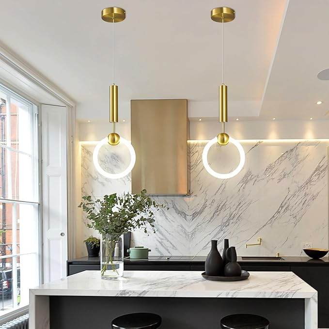 Modern LED Pendant Light Fixtures, Simplicity Gold Pendant Lighting,Circular Hanging Chandelier for Kitchen Island Dining Room Bedroom Entryway Hallway(Gold 1-Pack)