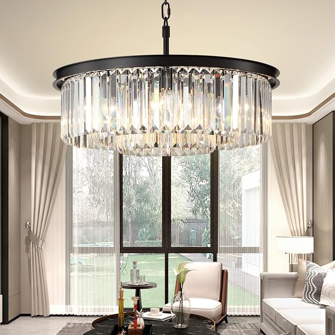 Black Crystal Chandelier Modern Luxury Chandelier Ceiling Lights Fixture for Dining Living Room Bedroom 9-Lights 3-Tier Raindrop Chandeliers Lighting (Black, Dia 24 Inch)