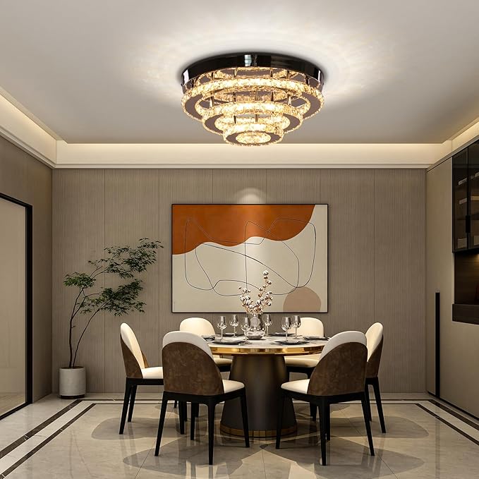 Modern LED Crystal Chandeliers 3-Tier Flush Mount Ceiling Light Fixture Round LED Crystal Chandelier Light for Bedroom Bathroom Kitchen Office(Warm White)