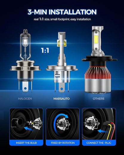Marsauto H4 Bulbs 60,000LM 1200% Brighter, 9003 H4 Fog Light with Plug-N-Play, Wireless 9003 Powersports Light For UTV ATV Offroad Vehicles, IP67, Pack of 2