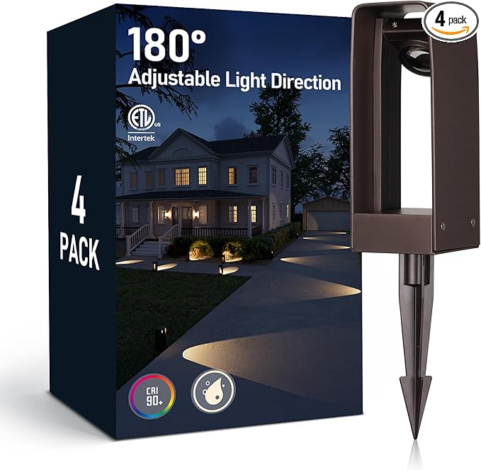 LEONLITE LED Pathway Lights Low Voltage, 180° Adjustable Head Focused or Wide Ground Coverage, 3W Outdoor Landscape Lighting for Driveway, Walkway, ETL Listed, Aluminum, 3000K Warm White, Pack of 4
