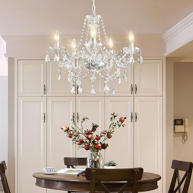 Plug in Chandelier Dimmable,5 Lights K9 Crystal Glass Pendant Light Fixture, Modern White Candle Hanging Chandelier for Bedroom Living Dining Room Kitchen Island