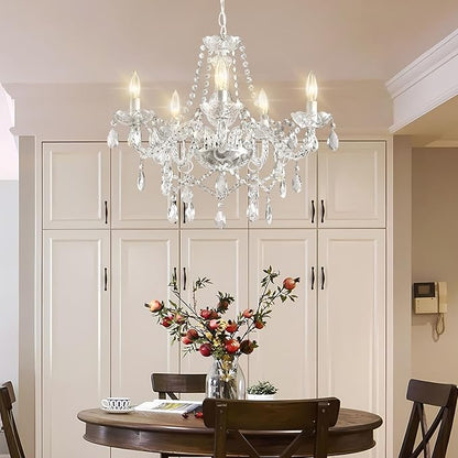 Plug in Chandelier Dimmable,5 Lights K9 Crystal Glass Pendant Light Fixture, Modern White Candle Hanging Chandelier for Bedroom Living Dining Room Kitchen Island