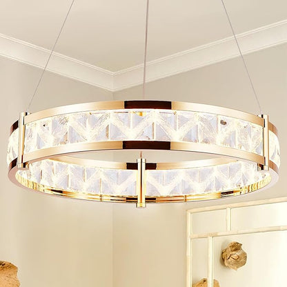 Depuley Modern LED Crystal Chandeliers: 19.7" Ring Chandelier Hanging Crystal Ceiling Light Fixture - 42W Adjustable Height Pendant Light for Living Room Dining Room Bedroom Foyer