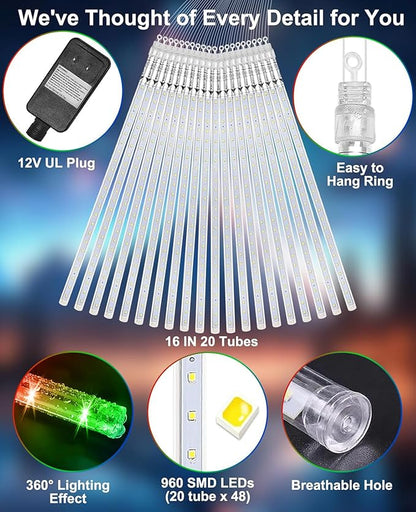 EAGWELL Christmas Lights Outdoor UL Certified Meteor Shower Light 16 Inch 20 Tubes 960 LED Falling Rain Drop Icicle Snow Cascading Lighting for Xmas Tree Wedding Party Garden Decoration, Colorful