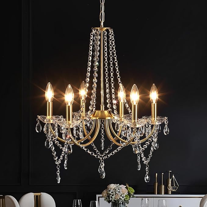 Crystal Gold Chandeliers for Dining Room, Modern Candle Crystal Brass Chandelier Light Fixture, Vintage Pendant Light for Living Room Bedroom Bathroom Entryway Hallway E12 Bulbs D19 in x H24 in