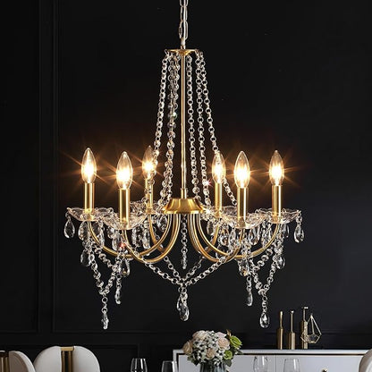 Crystal Gold Chandeliers for Dining Room, Modern Candle Crystal Brass Chandelier Light Fixture, Vintage Pendant Light for Living Room Bedroom Bathroom Entryway Hallway E12 Bulbs D19 in x H24 in