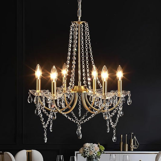 Crystal Gold Chandeliers for Dining Room, Modern Candle Crystal Brass Chandelier Light Fixture, Vintage Pendant Light for Living Room Bedroom Bathroom Entryway Hallway E12 Bulbs D19 in x H24 in